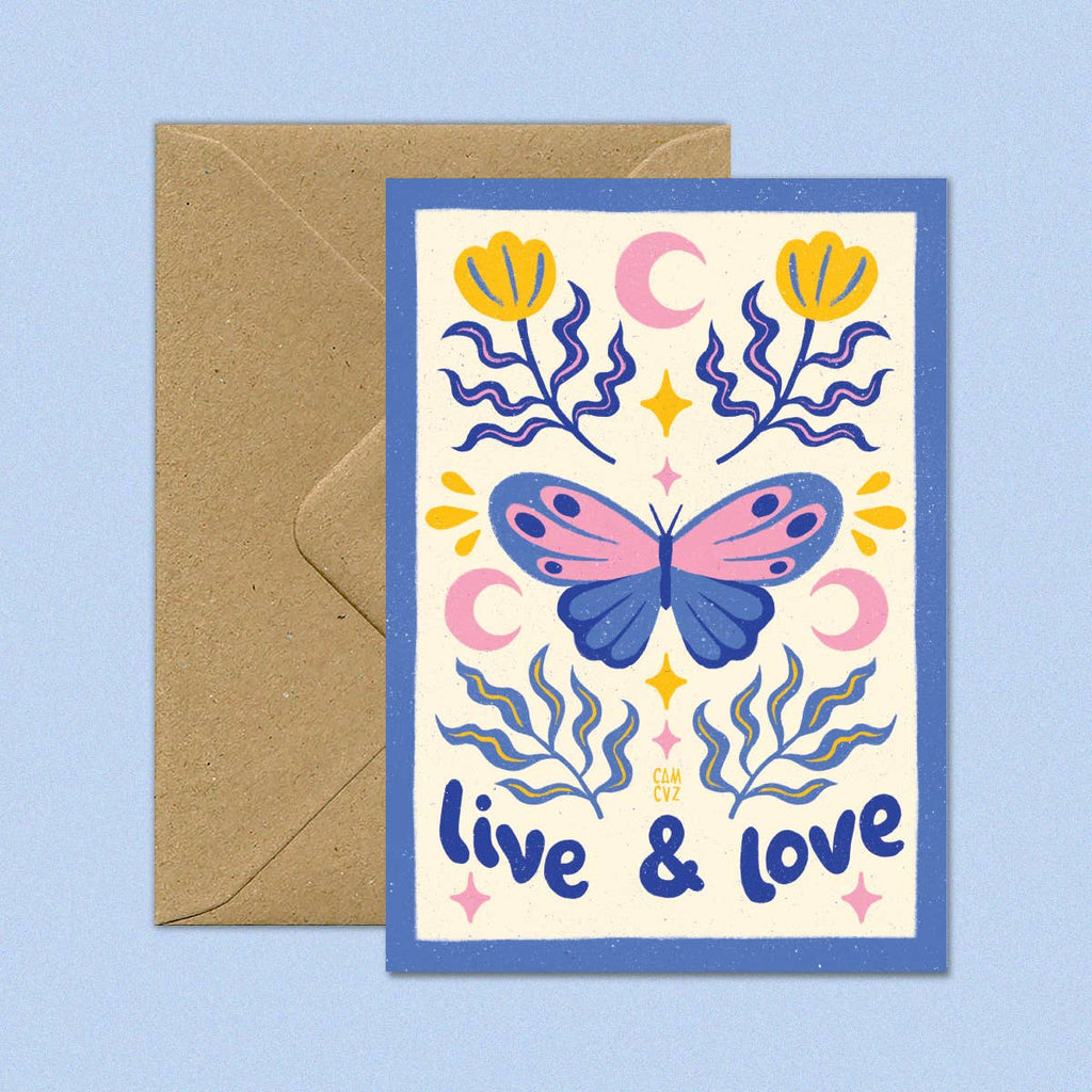 Carte Postale “Live and Love” – Papillons & Fleurs