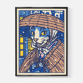 Affiche illustration japonaise - Chat quittant un restaurant sous la neige
