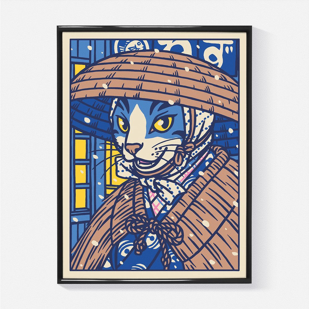 Affiche illustration japonaise - Chat quittant un restaurant sous la neige