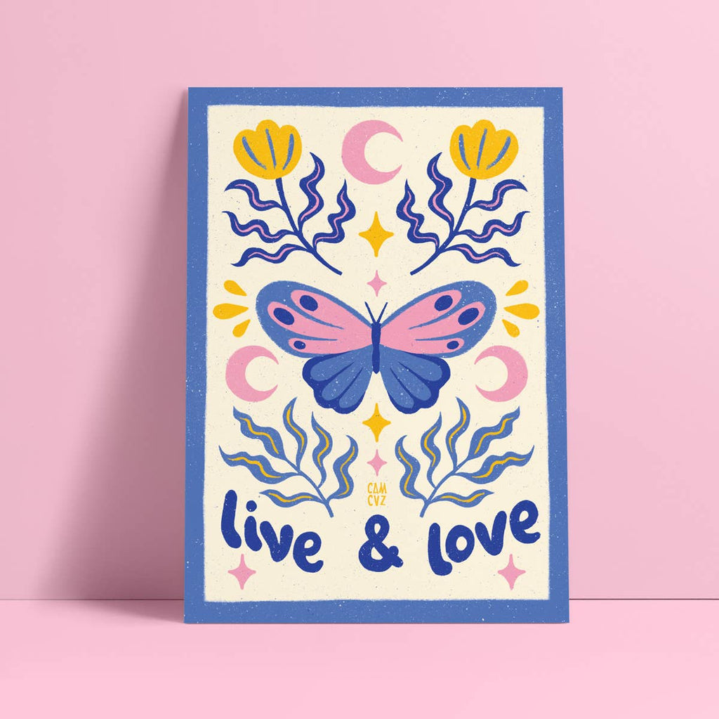 Affiche “Live and Love” – Papillons & Fleurs