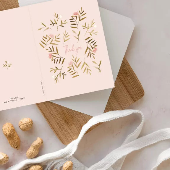 Carte double Thank You Rose Fleurs avec enveloppe