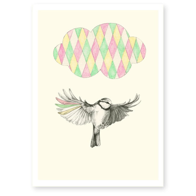 Affiche illustrée - oiseau et nuage arlequin