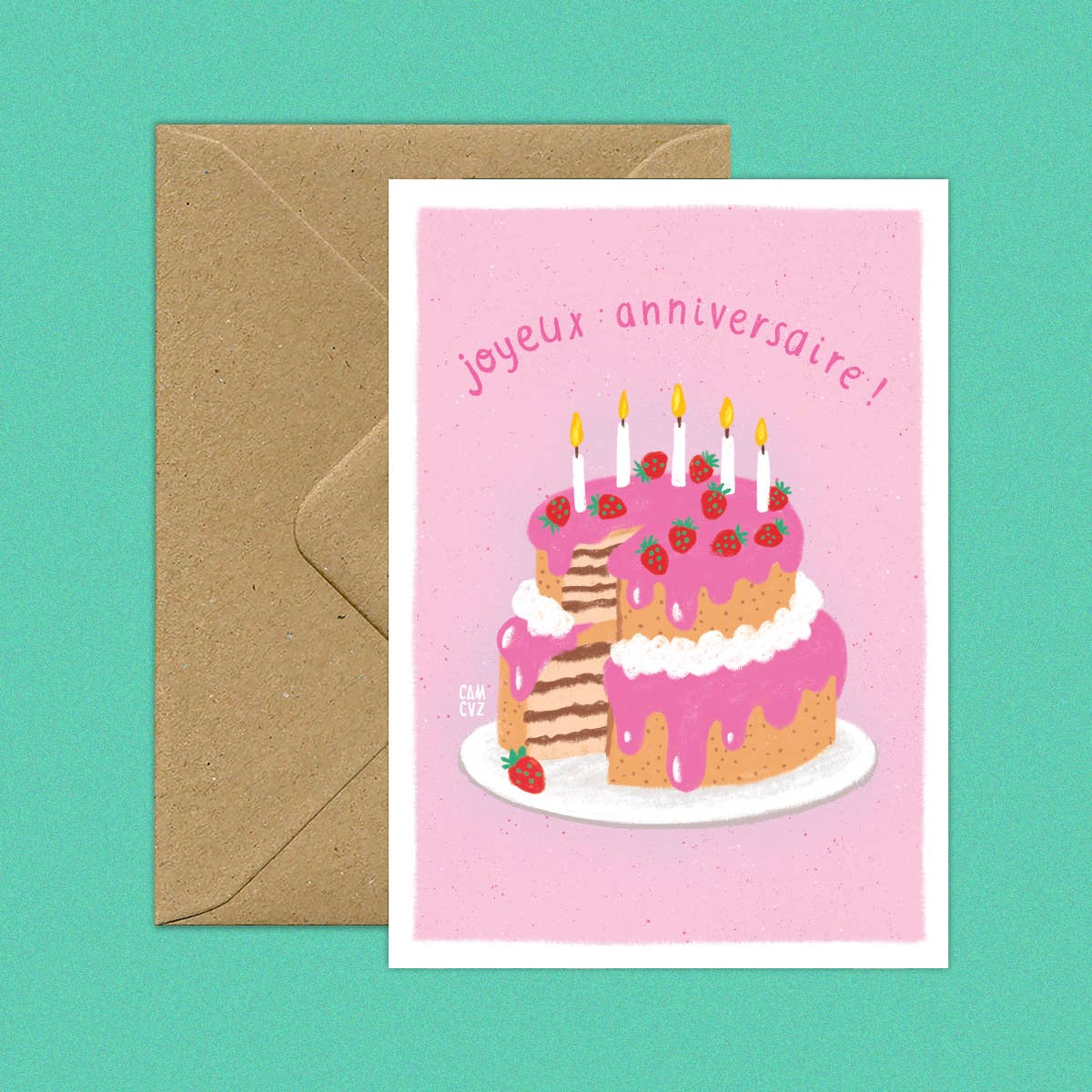 Carte Postale “Layer Cake” – Anniversaire & Gâteau Rose